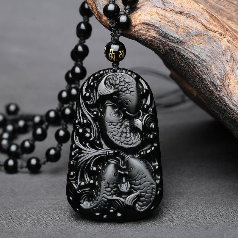 Spirituality Buddha Karma Black Obsidian Koi Fish Engraved Strength Beaded Necklace Pendant