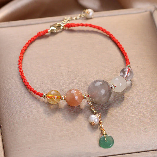 Ancient Tibetan Buddhist Red String Tradition Moonstone Sunstone Beads Peace Buckle Charm Healing Bracelet