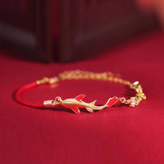 Ancient Tibetan Buddhist Red String Tradition 925 Sterling Silver Koi Fish Zircon Wealth Success Braided Chain Bracelet