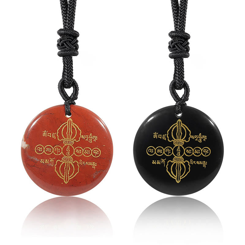 Spirituality Buddha Karma Vajra Dorje Sanskrit Pattern Natural Various Crystal Black Obsidian Fulfilment Necklace Pendant