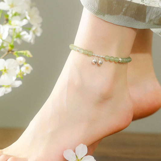 Jade 925 Sterling Silver Natural Hetian Jade Prosperity Bell Charm Anklet