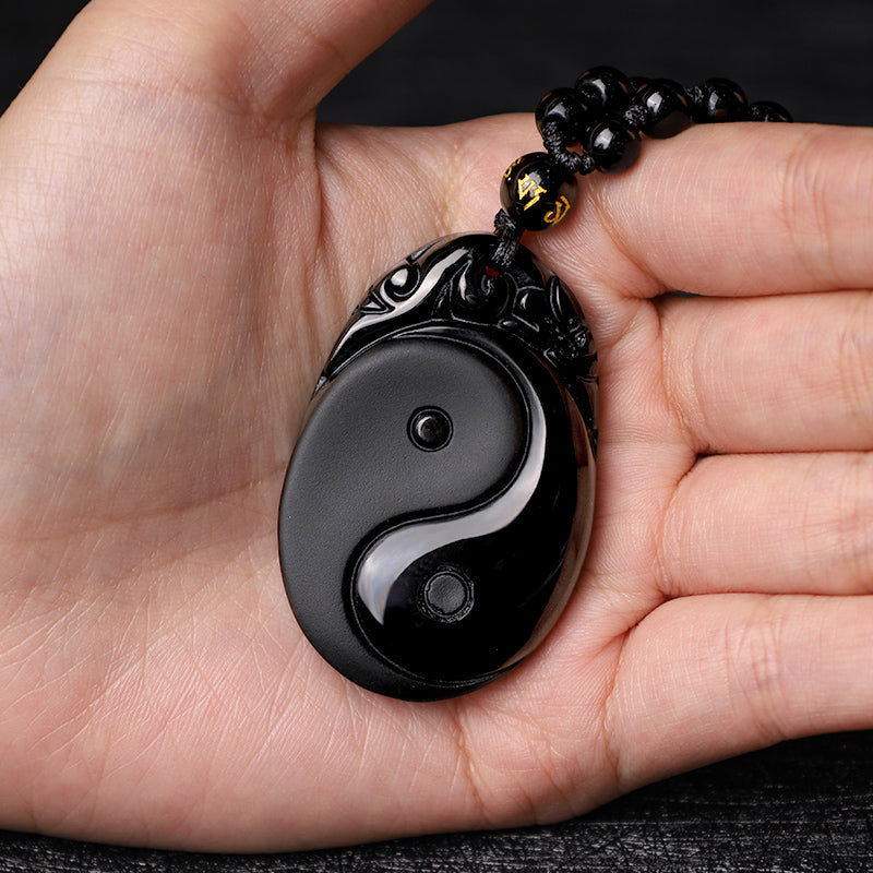 Spirituality Buddha Karma Natural Black Obsidian Yin Yang Fulfilment Strength Necklace Pendant