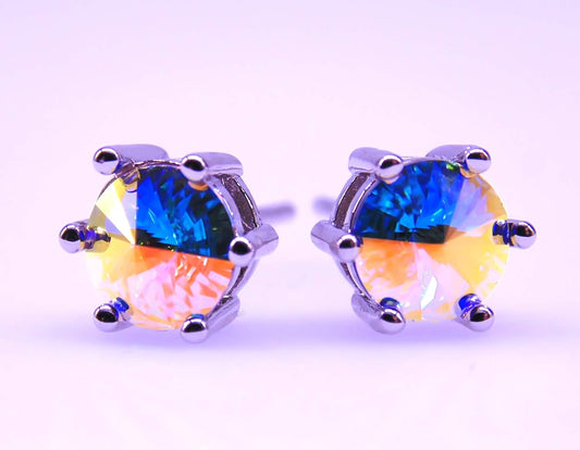 062 6mm White Gold Plated 925 Sterling Silver Plt,Imported AB Colorful Crystal Stone,Earring Stud with Gift Box,Men Women