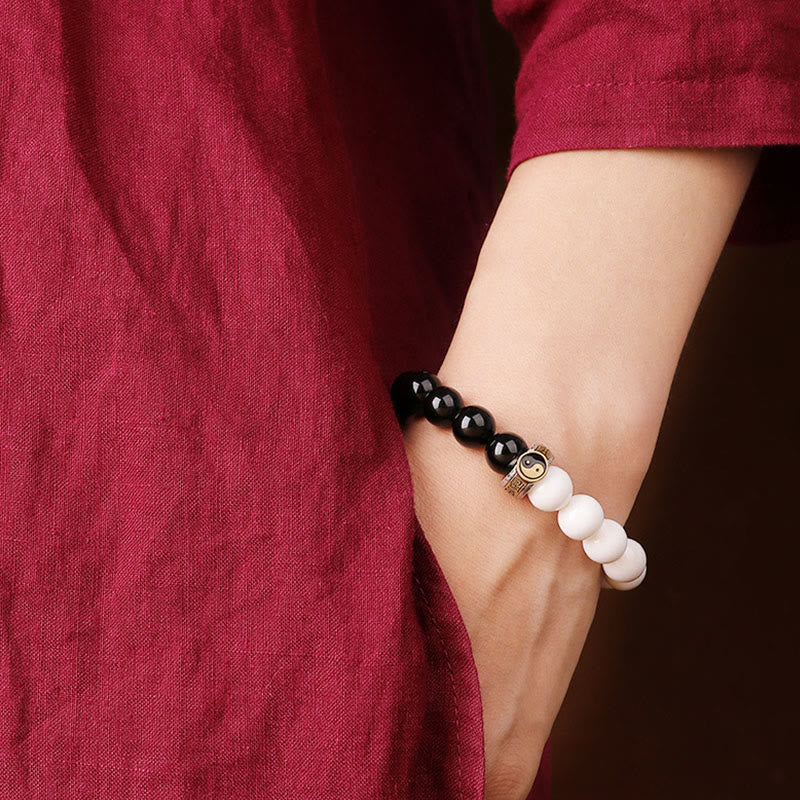 Spirituality Buddha Karma 925 Sterling Silver Black Obsidian White Shell Yin Yang Strength Bracelet