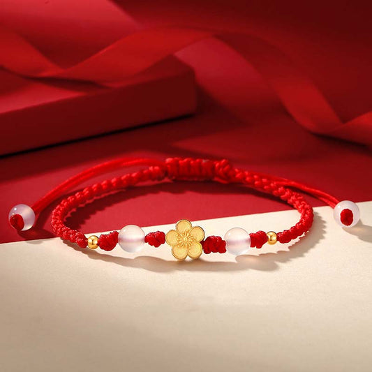 Ancient Tibetan Buddhist Red String Tradition Handmade 925 Sterling Silver Peach Blossom Cherry Sakura Chalcedony Bead Luck Red Rope Bracelet