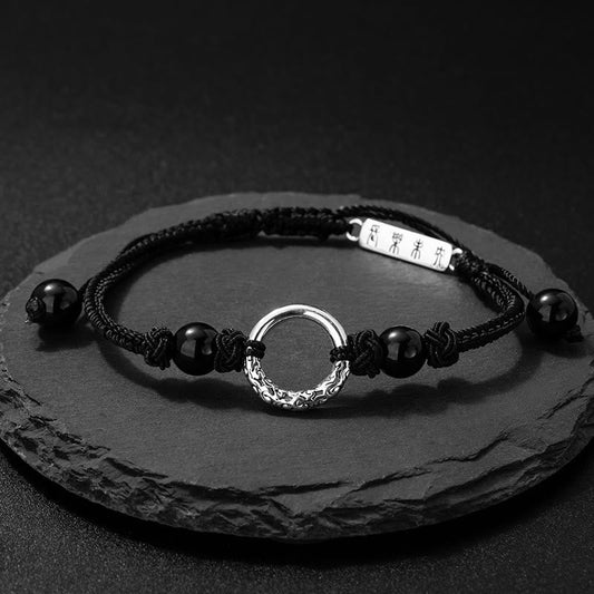 Ancient Tibetan Buddhist Red String Tradition 925 Sterling Silver Black Onyx Peace Buckle Protection Bracelet