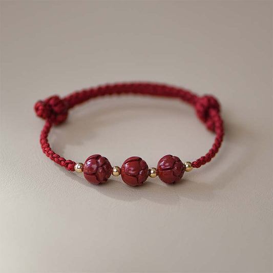 Ancient Tibetan Buddhist Red String Tradition Cinnabar Jade Lotus Calm Red String Weave Bracelet