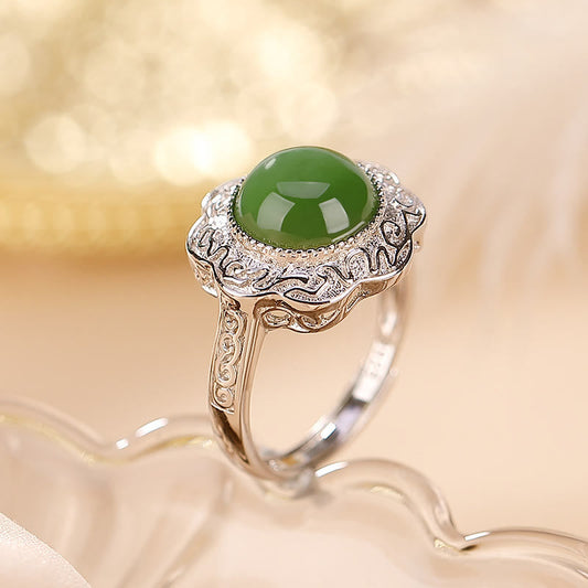 Jade 925 Sterling Silver Hetian Cyan Jade Flower Design Luck Adjustable Ring