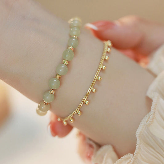 Jade 14K Gold Plated 2 Layers Hetian Jade Bead Luck Prosperity Bracelet