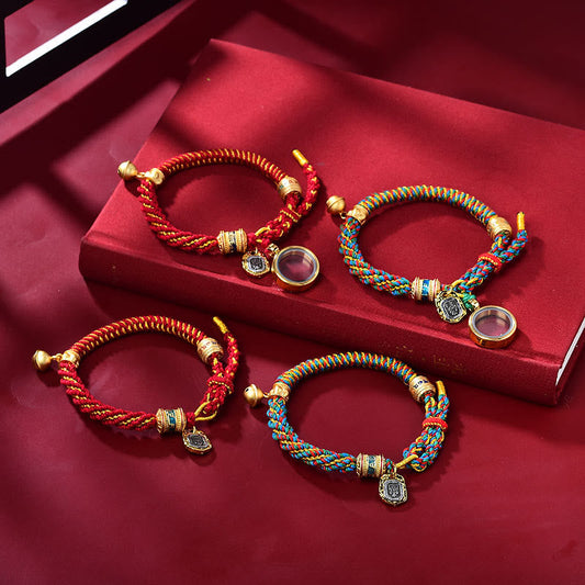 Ancient Tibetan Buddhist Red String Tradition Tibetan Om Mani Padme Hum Carved Zakiram Goddess of Wealth Charm Amulet Bracelet