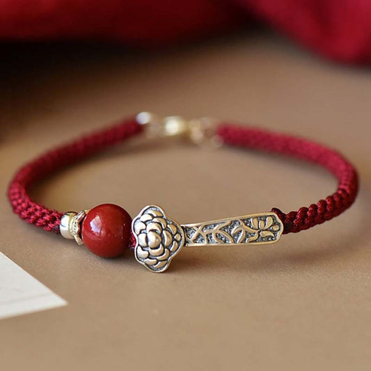 Ancient Tibetan Buddhist Red String Tradition 925 Sterling Silver Cinnabar Blessing String Bracelet