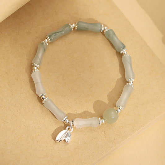 Jade 925 Sterling Silver Natural Tianshan Jade Bamboo Charm Luck Bracelet