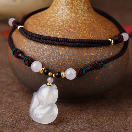 Jade Chalcedony Fox Pink Crystal Bead Harmony String Necklace Pendant