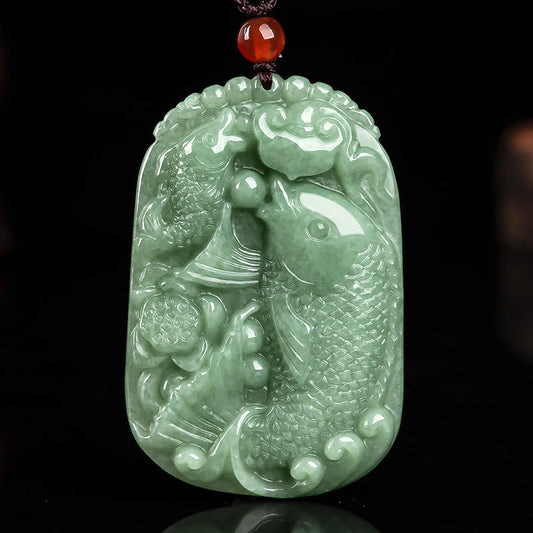 Jade Natural Jade Koi Fish Lotus Wealth Prosperity Necklace Pendant