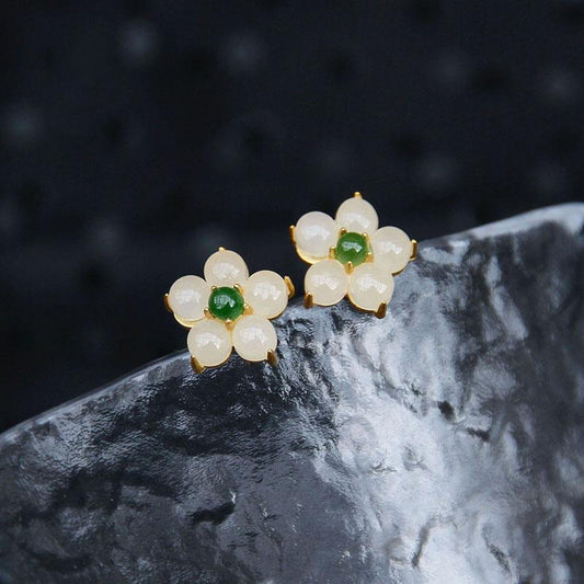 Jade  White Jade Flower Luck Blessing Stud Earrings