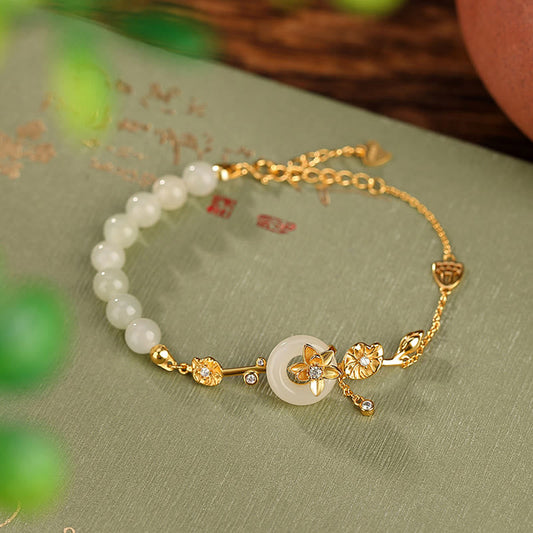 Jade 925 Sterling Silver Hetian Jade Peace Buckle Lotus Luck Chain Bracelet