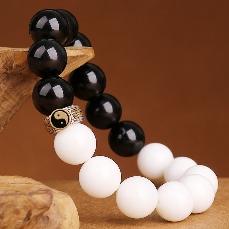 Spirituality Buddha Karma 925 Sterling Silver Black Obsidian White Shell Yin Yang Strength Bracelet