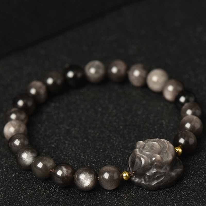Spirituality Buddha Karma Silver Sheen Obsidian Lotus Flower Nine Tailed Fox Laughing Buddha Protection Bracelet