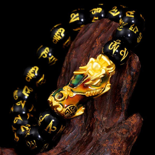 Spirituality Buddha Karma FengShui PiXiu Obsidian Om Mani Padme Hum Wealth Bracelet