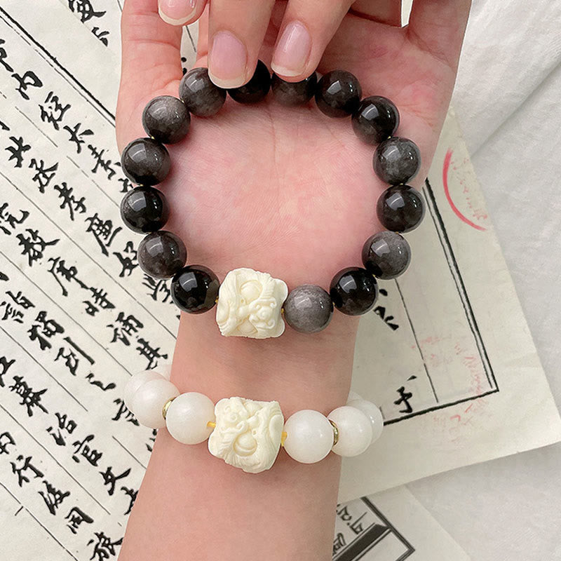 Spirituality Buddha Karma Silver Sheen Obsidian Bodhi Seed Ivory Fruit Dancing Lion Protection Bracelet