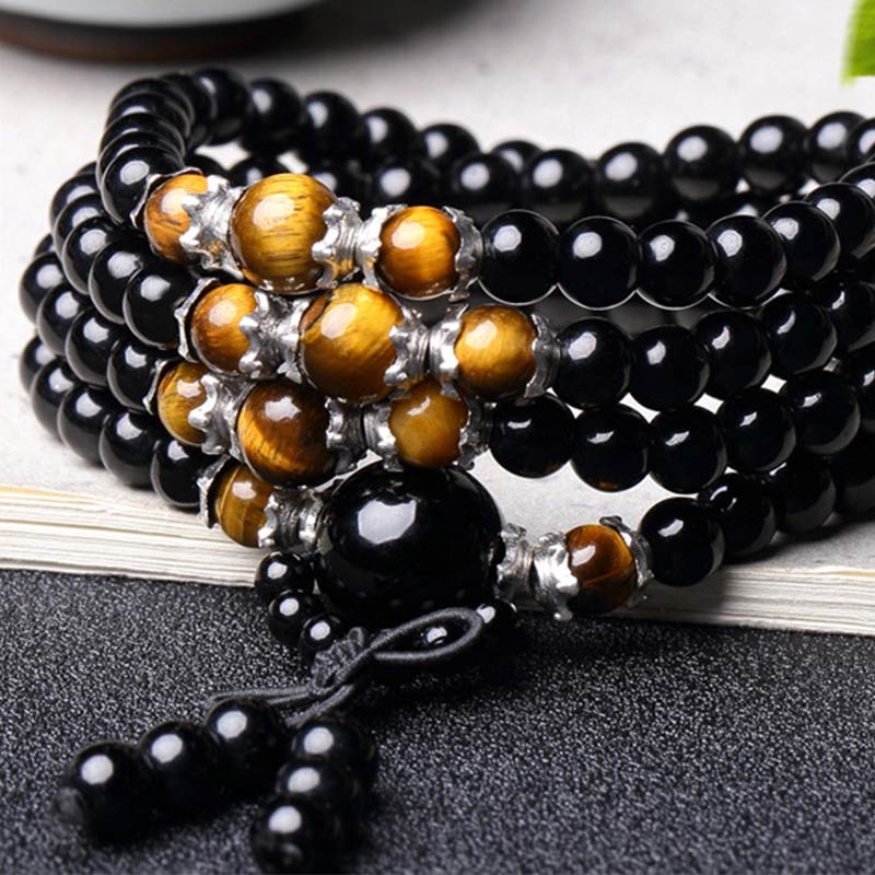 Spirituality Buddha Karma 108 Beads Natural Black Obsidian Tiger Eye Mala Bracelet