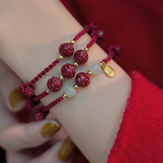 Ancient Tibetan Buddhist Red String Tradition Cinnabar Jade Lotus Calm Red String Weave Bracelet
