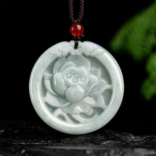 Jade Natural Jade Lotus Flower Carved Prosperity Necklace Pendant