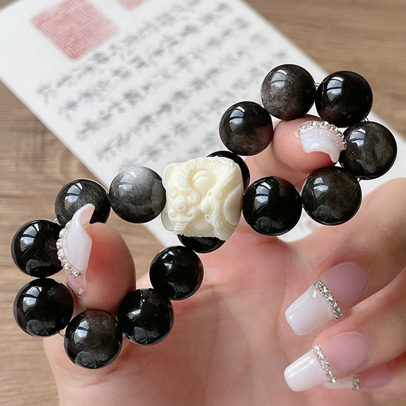 Spirituality Buddha Karma Silver Sheen Obsidian Bodhi Seed Ivory Fruit Dancing Lion Protection Bracelet