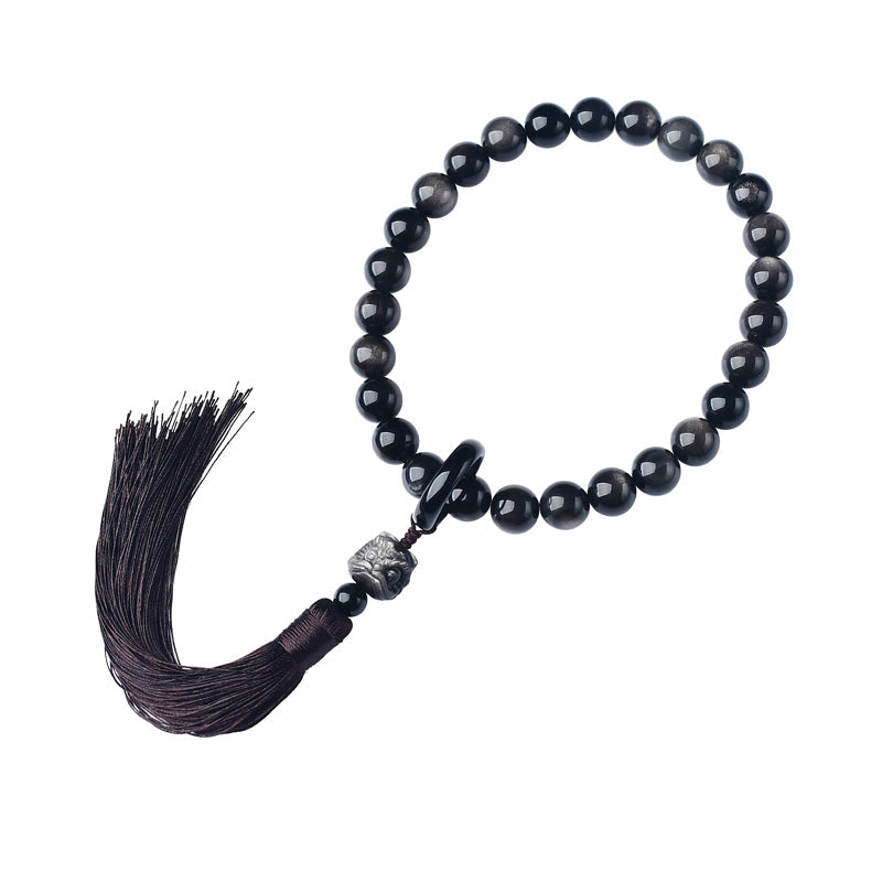 Spirituality Buddha Karma Natural Silver Sheen Obsidian Lion Wrist Mala Protection Tassels Pocket Mala Car Decoration