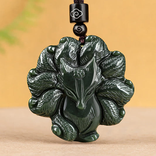 Jade Hetian Cyan Jade Nine Tailed Fox Luck Necklace String Pendant