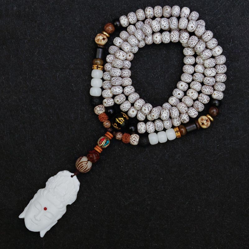 Spirituality 108 Mala Beads Bodhi Seed Yak Bone Avalokitesvara Lucky Pixiu Guan Gong Buddha Demon Peace Tassel Bracelet