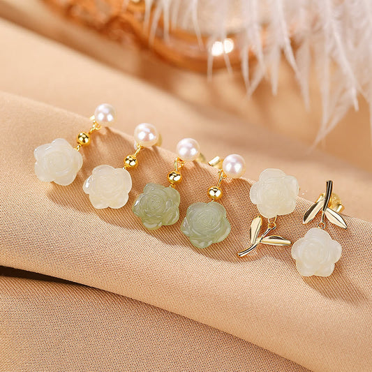 Jade 925 Sterling Silver Plated Gold Jade Rose Flower Cyan Jade Pearl Luck Earrings
