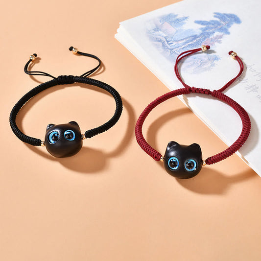 Ancient Tibetan Buddhist Red String Tradition Ebony Wood Cat Head Pattern Peace King Kong Knot Braided Bracelet