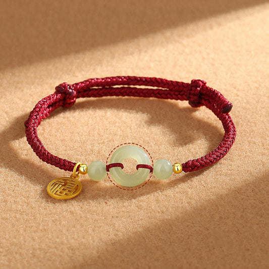 Ancient Tibetan Buddhist Red String Tradition 925 Sterling Silver Hetian Jade Peace Buckle Fu Character Charm Abundance Bracelet