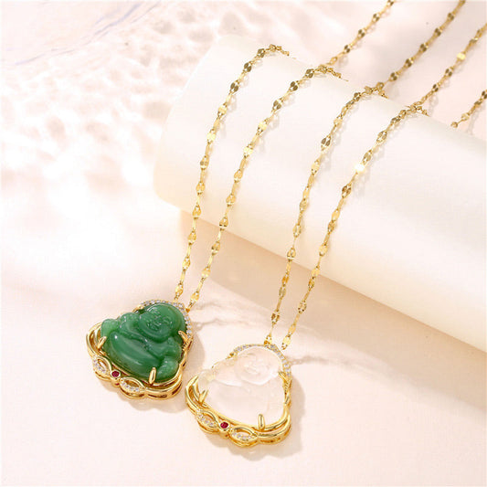 Jade Natural Laughing Buddha Peace Necklace