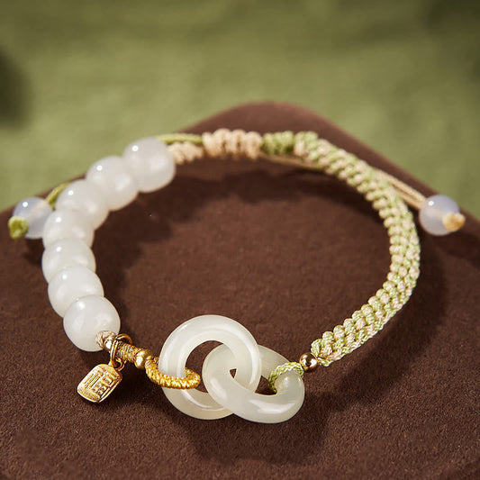Ancient Tibetan Buddhist Red String Tradition Natural Hetian Jade Bead Double Peace Buckle Fu Character Abundance Braided Bracelet