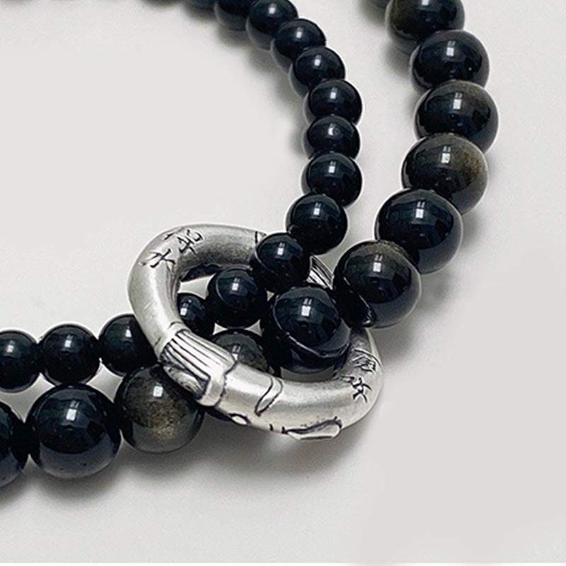 Spirituality Buddha Karma 999 Sterling Silver Black Obsidian Fulfillment Strength Double Layer Bracelet