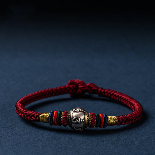 Ancient Tibetan Buddhist Red String Tradition 925 Sterling Silver Tibet Handmade Om Mani Padme Hum Luck Protection King Kong Knot Braided Bracelet