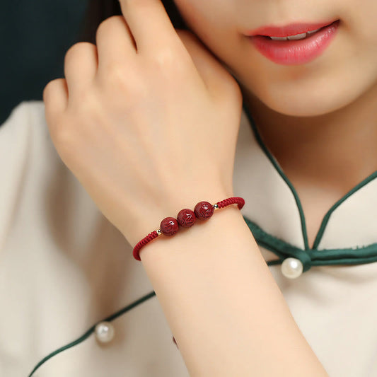 Ancient Tibetan Buddhist Red String Tradition Handmade Cinnabar Om Mani Padme Hum Engraved Beads Blessing Braided Bracelet