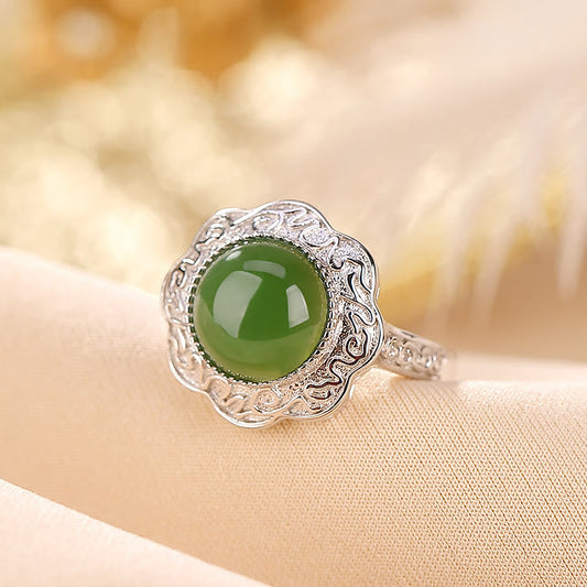 Jade 925 Sterling Silver Hetian Cyan Jade Flower Design Luck Adjustable Ring