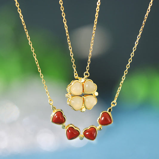 Jade 925 Sterling Silver Four Leaf Clover White Jade Red Agate Abundance Necklace Pendant