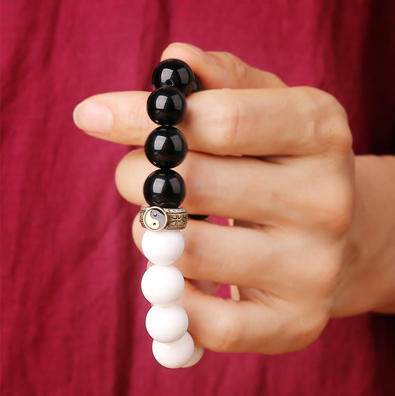 Spirituality Buddha Karma 925 Sterling Silver Black Obsidian White Shell Yin Yang Strength Bracelet
