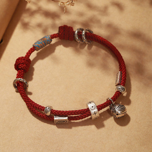 Ancient Tibetan Buddhist Red String Tradition 925 Sterling Silver Gold Swallowing Beast Koi Fish Wealth Handcrafted Braided Bracelet