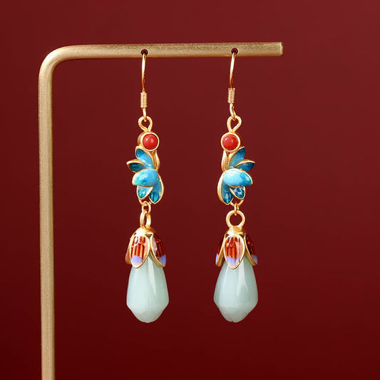 Jade  Magnolia Flower Jade Pattern Luck Prosperity Drop Dangle Earrings