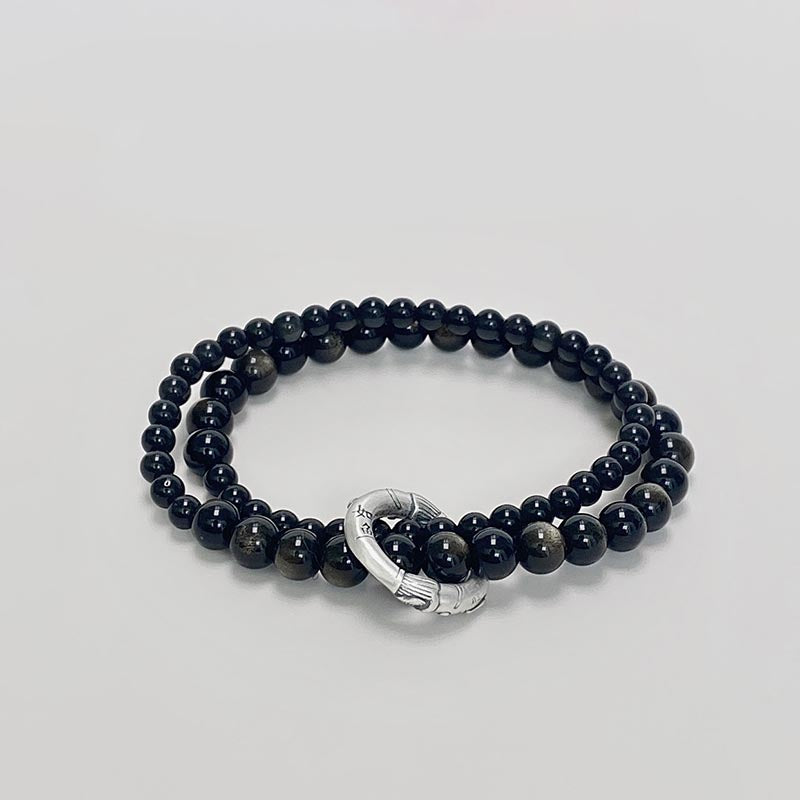 Spirituality Buddha Karma 999 Sterling Silver Black Obsidian Fulfillment Strength Double Layer Bracelet