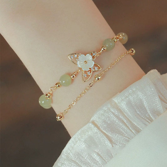Jade  14K Gold Plated Jade Butterfly Tridacna Stone Flower Double Layer Luck Bracelet