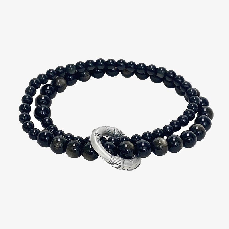 Spirituality Buddha Karma 999 Sterling Silver Black Obsidian Fulfillment Strength Double Layer Bracelet