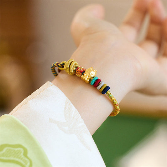 Ancient Tibetan Buddhist Red String Tradition Year of the Dragon Koi Fish Mahjong Dice Peach Blossoms Copper Coin Luck Braided Bracelet