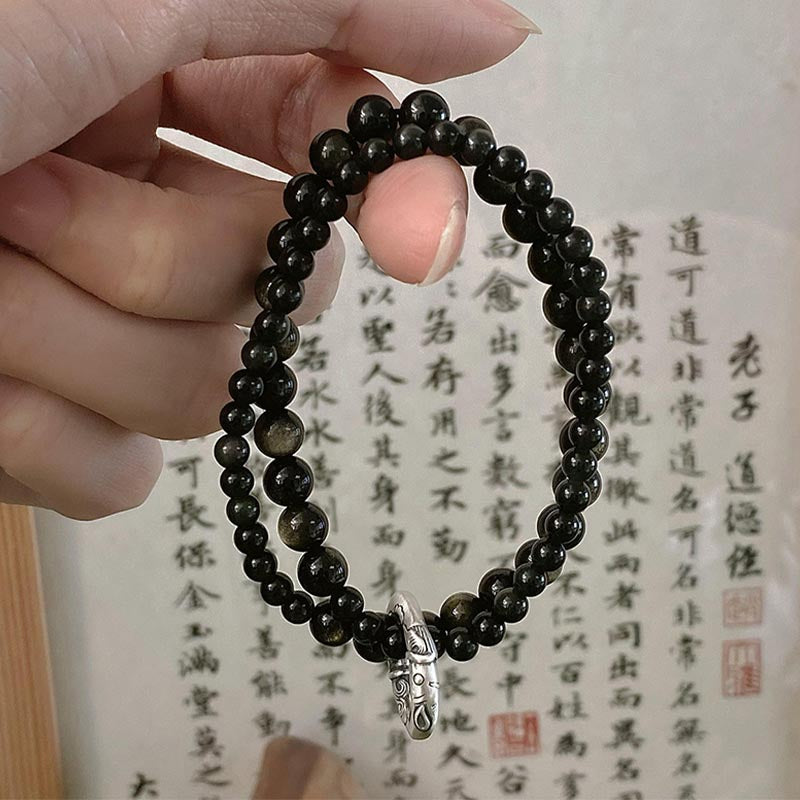 Spirituality Buddha Karma 999 Sterling Silver Black Obsidian Fulfillment Strength Double Layer Bracelet
