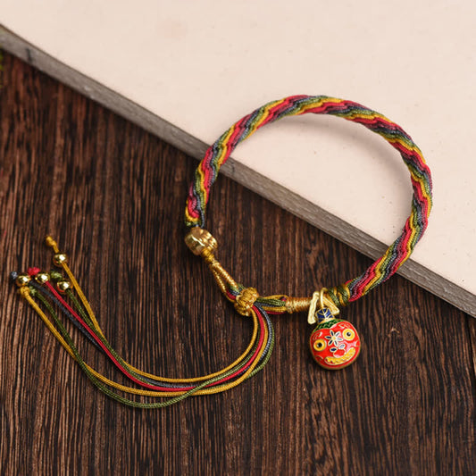 Ancient Tibetan Buddhist Red String Tradition Gold Swallowing Beast Family Luck Reincarnation Knot Colorful String Bracelet